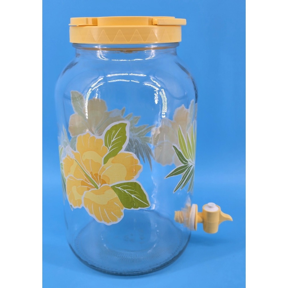 Vtg Sun Tea Decanter Jar Dispenser‎ Clear Glass W/ Yellow Flowers Lemonade Spout